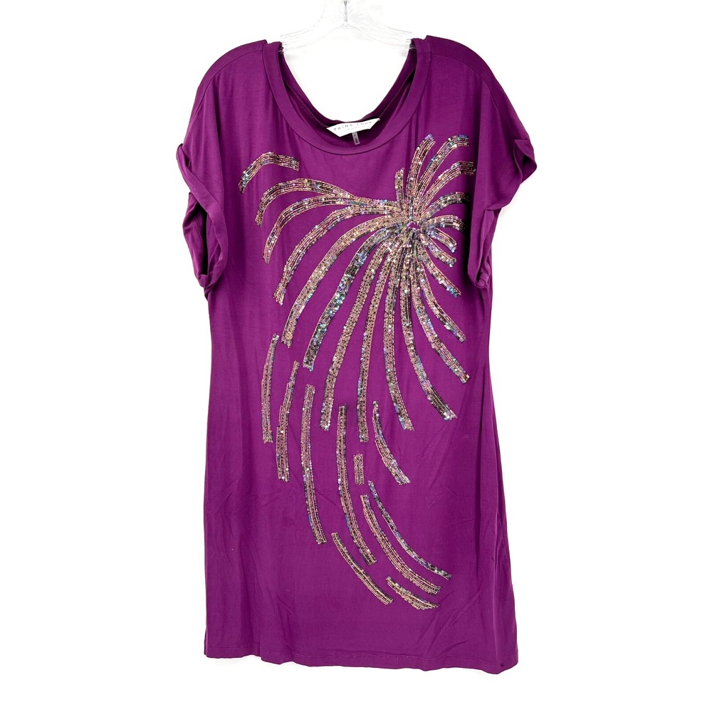 TRINA TURK Women's L Purple Sequin/Beaded Short-Sleeve Jersey Knit T-Shirt Dress